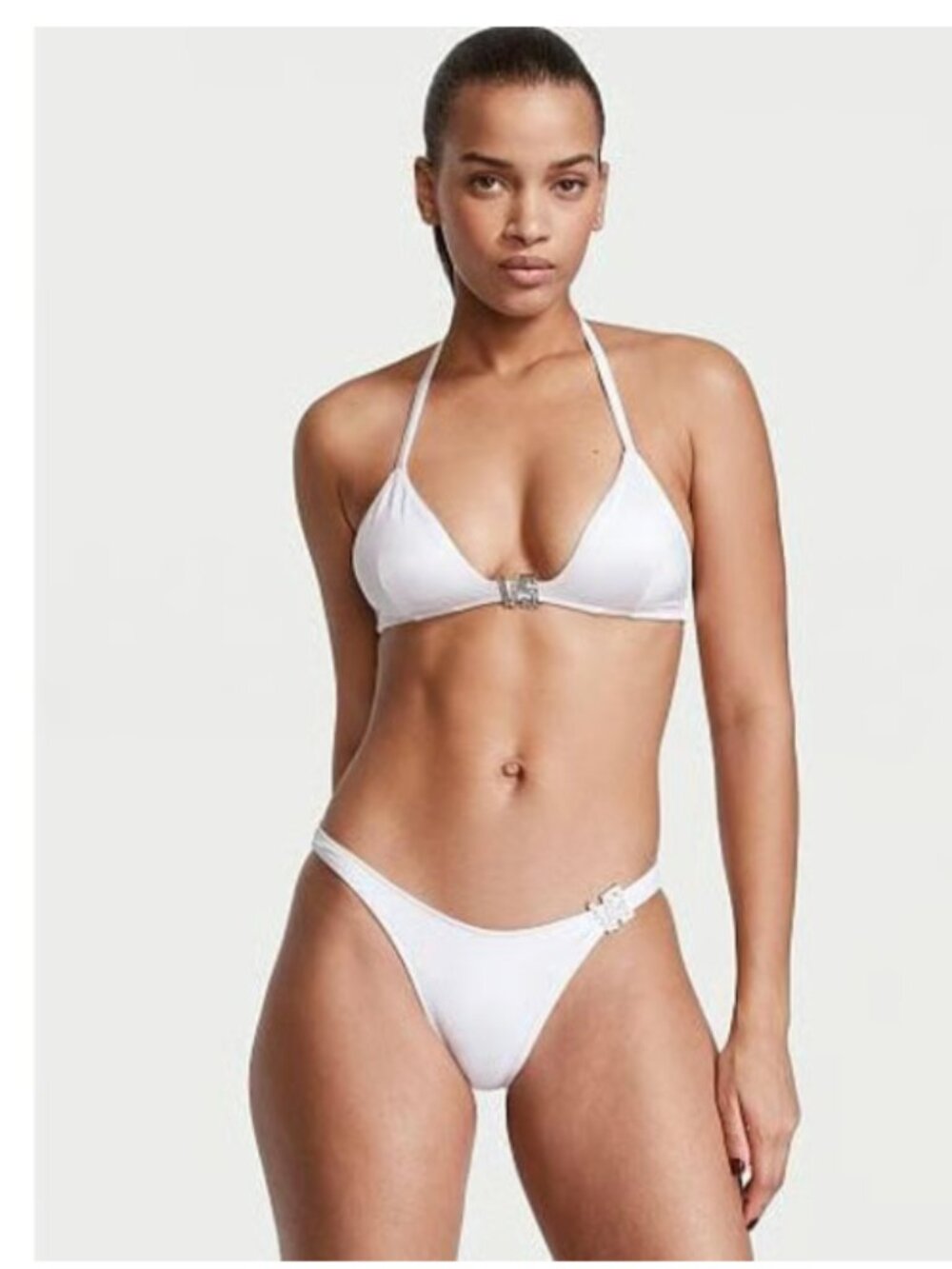 NWT VICTORIA SECRET WHITE SWIM TOP AND BOTTOM SET "VS" RHINESTONES L LARGE 2PC